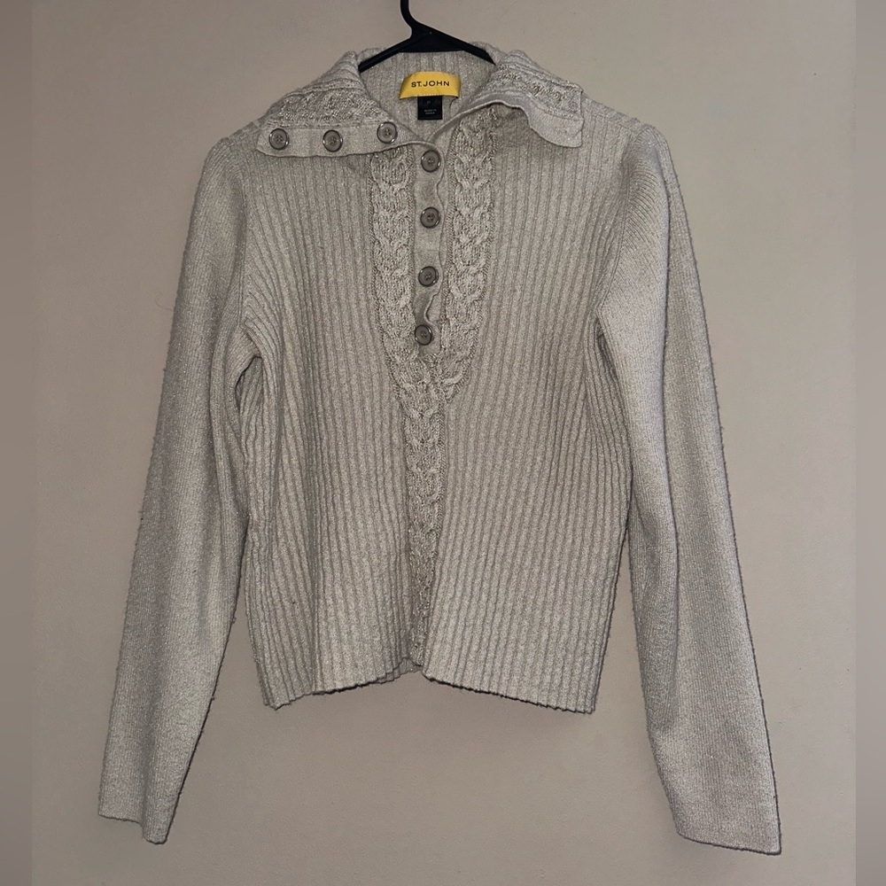 St. John XL Wool Cowl Neck Sweater Tan Gold Button Detail Quiet Luxury